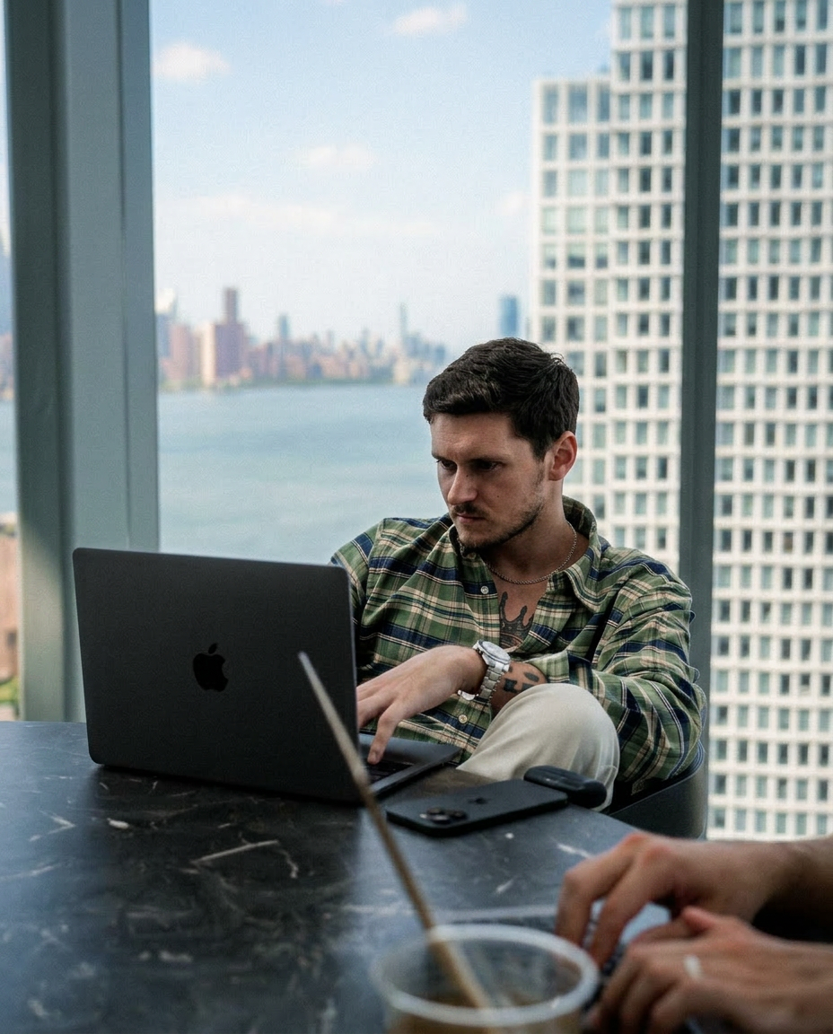 Founder working on a laptop in a high-rise office overlooking the city